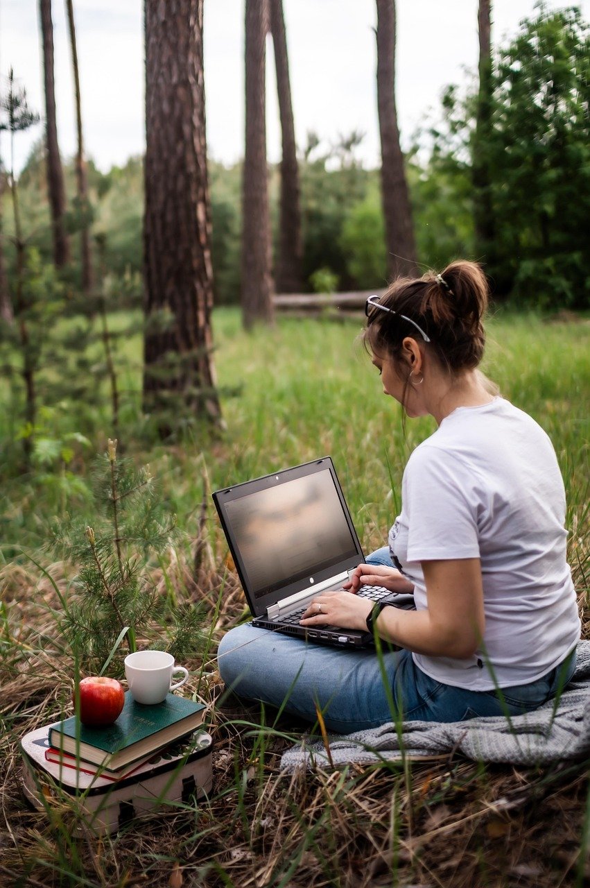 young woman, laptop, work, freelancer, notebook, nature, forest, freelancer, freelancer, freelancer, freelancer, freelancer